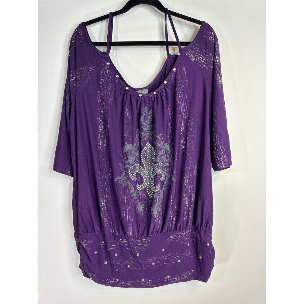 Dots Purple Cold Shoulder Raglan Studded Relaxed Blouse‎ Plus Women's Sz. 3X NWT